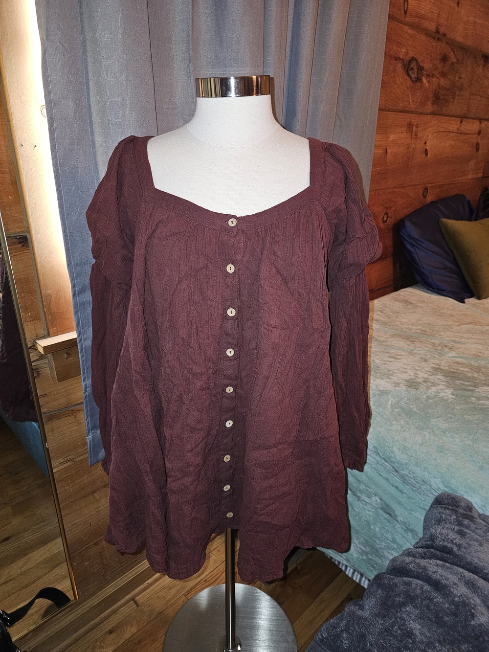 Free People Wine Button-Front Peasant Mini Dress